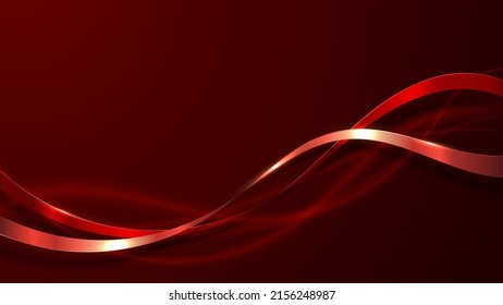 Abstract elegant 3D luxury red color ribbon wave line decoration and glitter lighting on gradient red background. Vector illustration