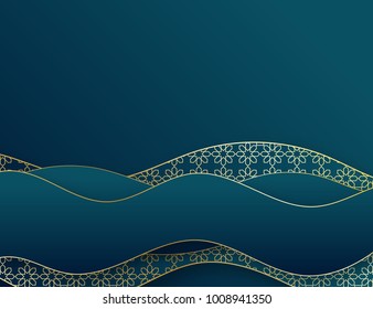 Abstract elegant 3d paper cut background, arabic geometric pattern with golden lines. Wave overlapping with shadow modern concept. 