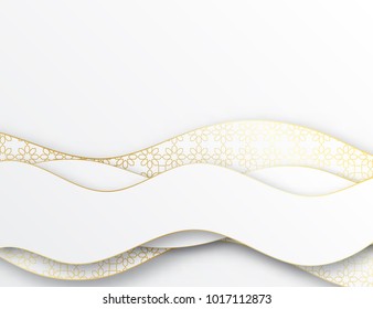 Abstract elegant 3d paper cut background, arabic geometric pattern with golden lines. Wave overlapping with shadow modern concept. 