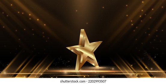 Resumen elegante de oro 3d estrella con efecto de iluminación brillante de escena diagonal sobre fondo negro. Diseño de premio de plantilla premium. Ilustración del vector