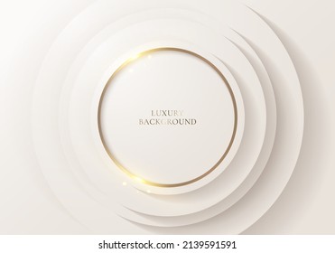 Abstract elegant 3D white circles layer with golden ring and lighting effect on clean background luxury style. Vector illustration