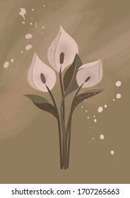 Abstract elegant arum lily flowers. Futuristic plant illustration with steam and leaves in pastel colors. Hand drawn exotic anthurium flowers. 