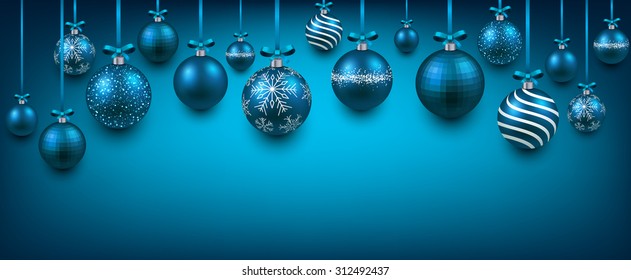 Abstract elegant background with blue christmas balls and place for text. Vector illustration. 