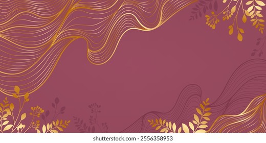 Abstract Elegant Background with Gold Line Waves and Botanical Branches. Japanese banner with golden sea waves with plants and leaves. Wedding card
