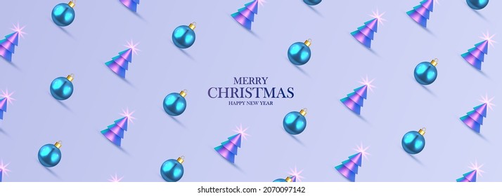 Abstract elegant banner with blue Christmas balls, Christmas trees and place for text. Happy New Year. Vector illustration.