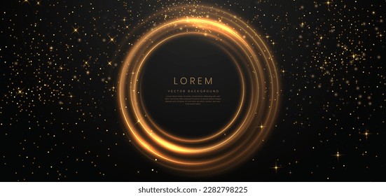 Abstract elegant black background with circle golden line and lighting effect sparkle. Luxury template award design. Vector illustration