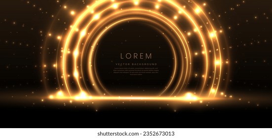 Abstract elegant black background with circle neon golden line and lighting effect sparkle. Luxury template award design. Vector illustration