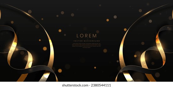 Abstract elegant black background with golden ribbon lines and lighting effect sparkle. Luxury template award design. Vector illustration