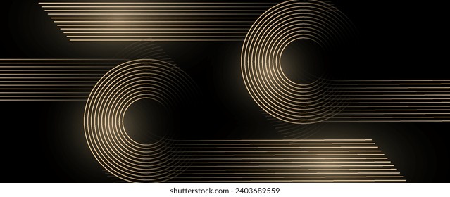 Abstract elegant black background with shiny gold geometric lines. Modern gold diagonal rounded lines pattern. Luxurious style. Suitable for covers, posters, presentations, vectors