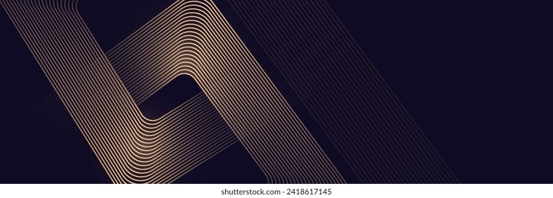 Abstract elegant black background with shiny gold geometric lines. Modern gold diagonal rounded lines pattern.Horizontal banner template. Suitable for covers, posters, presentations, vectors