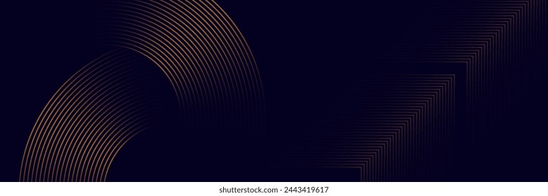 Fondo negro elegante abstracto con líneas geométricas de oro brillante. Patrón de líneas redondeadas diagonales de oro moderno.Plantilla de banner horizontal. Adecuado para cubiertas, carteles, presentaciones, vectores