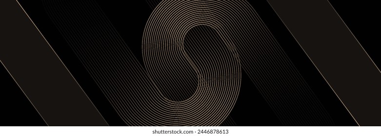 Abstrakter eleganter schwarzer Hintergrund mit glänzenden goldenen geometrischen Linien. Modernes goldenes diagonales Rundungsmuster. Luxuriöser Stil. Horizontale Banner Vorlage. Anzug für Cover, Poster, Präsentation, Banner