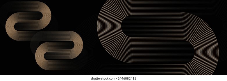 Abstract elegant black background with shiny gold geometric lines. Modern golden diagonal rounded lines pattern. Luxury style. Horizontal banner template. Suit for cover, poster, presentation, banner