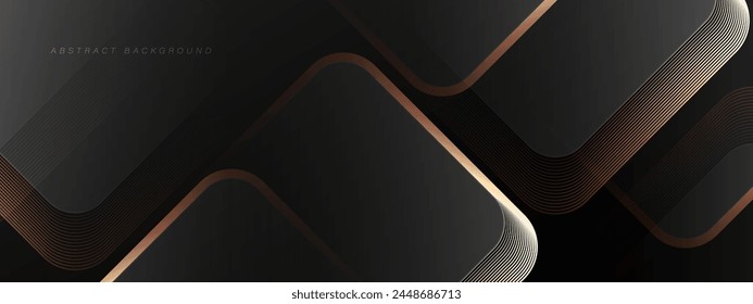 Abstractas fondo negro elegante con líneas geométricas de oro brillante. Elementos de Formas cuadradas oscuras. Diseño moderno de Plantilla de lujo. Traje para el folleto, presentación, Anuncio, cartel, Sitio web, tarjeta, cubierta
