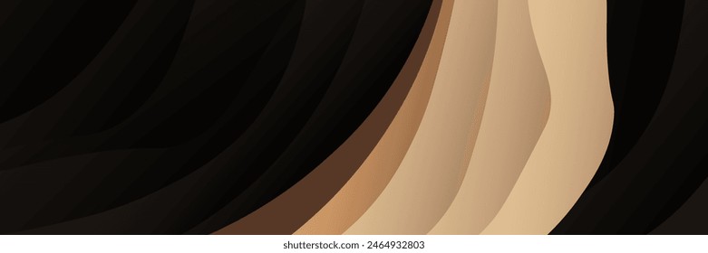 Abstract elegant black background with shiny gold geometric lines. Modern gold diagonal rounded lines pattern.Horizontal banner template. Suitable for covers, posters, presentations, vectors