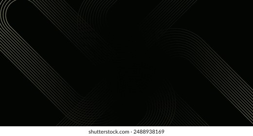 Abstract elegant black background with shiny gold geometric lines. Modern golden diagonal rounded lines pattern. Luxury style. Horizontal banner template. Suit for cover, poster, presentation, 