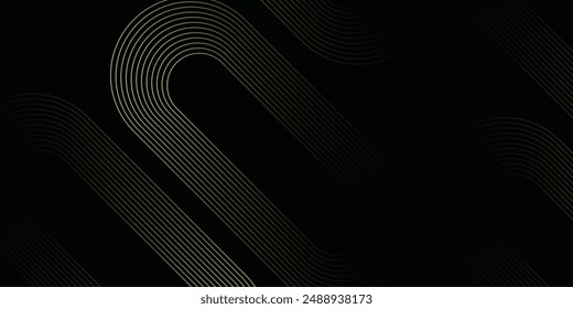 Abstract elegant black background with shiny gold geometric lines. Modern golden diagonal rounded lines pattern. Luxury style. Horizontal banner template. Suit for cover, poster, presentation, 