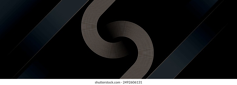 Abstractas fondo negro elegante con líneas geométricas de oro brillante. Patrón moderno de líneas redondeadas diagonales doradas. Estilo de lujo. Plantilla Horizontal del Anuncio. Traje para la cubierta, cartel, presentación, Anuncio