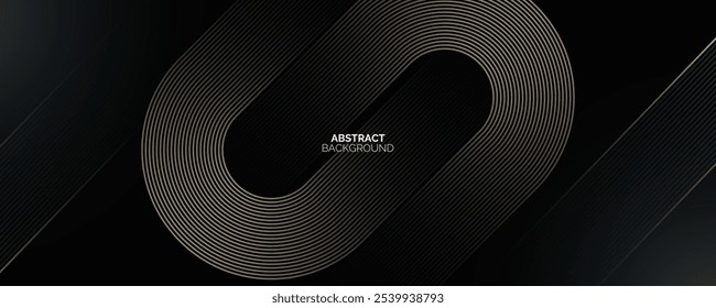 Fundo preto elegante abstrato com linhas geométricas douradas brilhantes. Padrão moderno de linhas arredondadas diagonais douradas. Estilo de luxo