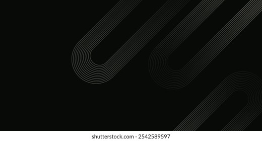 Abstract elegant black background with shiny gold geometric lines. Modern golden diagonal rounded lines pattern. Luxury style. Horizontal banner template. Suit