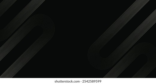Abstract elegant black background with shiny gold geometric lines. Modern golden diagonal rounded lines pattern. Luxury style. Horizontal banner template. Suit