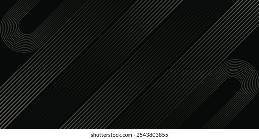 Abstract elegant black background with shiny gold geometric lines. Modern golden diagonal rounded lines pattern. Luxury style. Horizontal banner template. Suit
