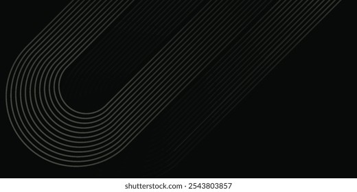 Abstract elegant black background with shiny gold geometric lines. Modern golden diagonal rounded lines pattern. Luxury style. Horizontal banner template. Suit