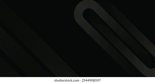 Fundo preto elegante abstrato com linhas geométricas douradas brilhantes. Padrão moderno de linhas arredondadas diagonais douradas. Estilo de luxo. Banner horizontal