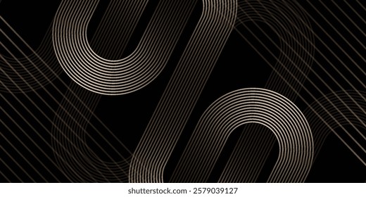 Abstract elegant black background with shiny gold geometric lines. Modern golden diagonal rounded lines pattern. Luxury style