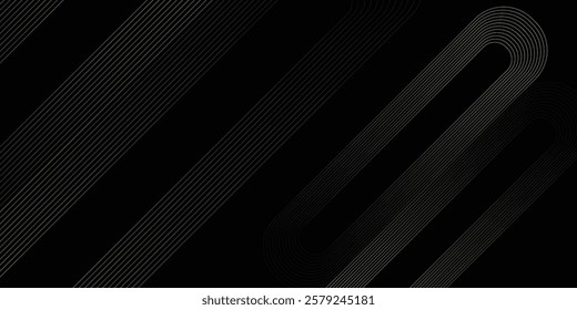 Abstract elegant black background with shiny gold geometric lines. Modern golden diagonal rounded lines pattern. Luxury style. Horizontal banner template. Suit for cover, poster, presentation,