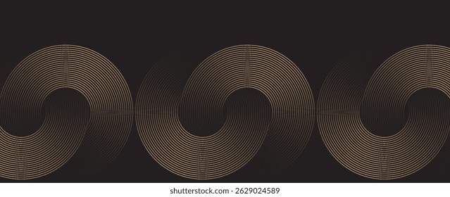 Abstract elegant black background with shiny gold geometric lines. Modern gold diagonal rounded lines pattern.Horizontal banner template. Suitable for covers, posters, presentations, vector