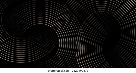 Fundo preto elegante abstrato com linhas geométricas douradas brilhantes. Padrão de linhas arredondadas diagonais de ouro moderno. Ilustração vetorial