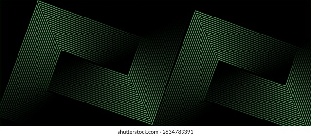 Abstract elegant black background with shiny green geometric lines. Modern green diagonal rounded lines pattern.Horizontal banner template. Suitable for covers, posters, presentations, vectors