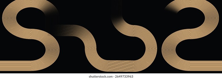 Abstract elegant black background with shiny gold geometric lines. Modern gold diagonal rounded lines pattern. Horizontal banner template. Suitable for covers, posters, presentations, vector
