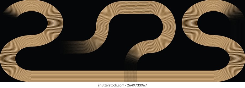 Abstract elegant black background with shiny gold geometric lines. Modern gold diagonal rounded lines pattern. Horizontal banner template. Suitable for covers, posters, presentations, vector