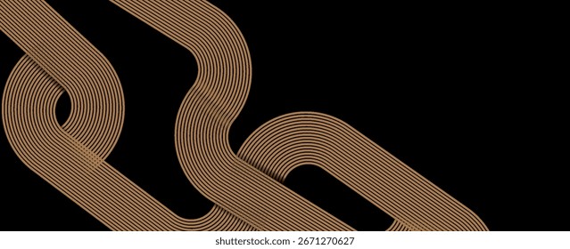 Abstract elegant black background with shiny gold geometric lines. Modern gold diagonal rounded lines pattern. Horizontal banner template. Suitable for covers, posters, presentations, vector