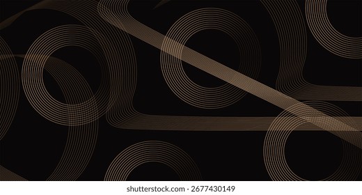 Abstract elegant black background with shiny gold geometric lines. Modern golden diagonal rounded lines pattern. 