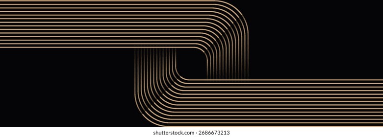 Abstract elegant black background with shiny gold geometric lines. Modern gold diagonal rounded lines pattern. Horizontal banner template. Suitable for covers, posters, presentations, vectors