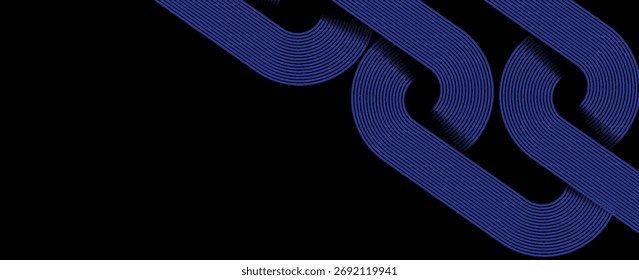Abstract elegant black background with shiny blue geometric lines. Modern blue diagonal rounded lines pattern. Horizontal banner template. Suitable for covers, posters, presentation. eps 10
