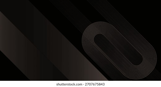 Fundo preto elegante abstrato com linhas geométricas douradas brilhantes. Padrão moderno de linhas arredondadas diagonais douradas. Estilo de luxo. Modelo de banner horizontal. Terno para capa, cartaz, apresentação, banner