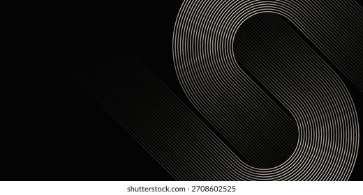 Abstract elegant black background with shiny gold geometric lines. Modern golden diagonal rounded lines pattern. Luxury style. Horizontal banner template.