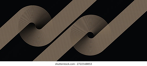 Abstract elegant black background with shiny gold geometric lines. Modern gold diagonal rounded lines pattern. Horizontal banner template. Suitable for covers, posters, presentations, vectors

