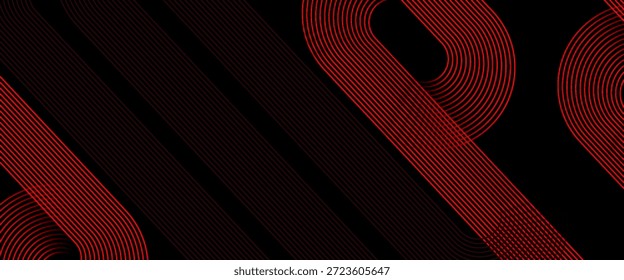 Fundo preto elegante abstrato com linhas geométricas douradas brilhantes. Padrão de linhas arredondadas diagonais de ouro moderno. Modelo de banner horizontal. Adequado para capas, cartazes, apresentações, vetores

