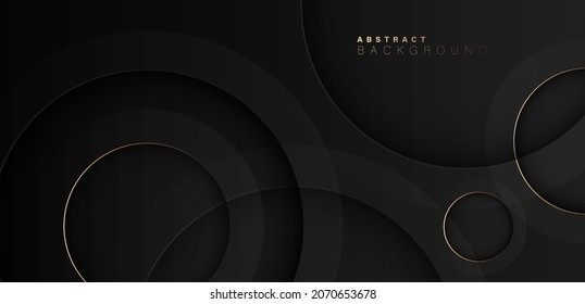 Abstract elegant black circle background with shiny gold line. Luxury and elegant overlap circle paper cut layer elements. Modern simple 3D circle layer pattern creative design with shadow decoration