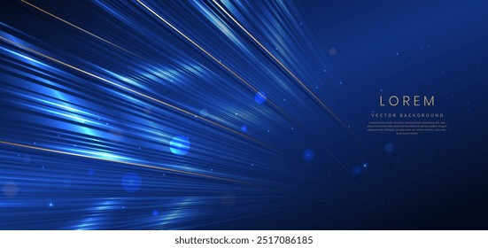 Abstractas línea elegante azul y oro con efecto de iluminación brillante sobre fondo azul. Diseño de premio premium de Plantilla. Ilustración vectorial