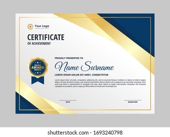 Abstract Elegant Blue Gold White Certificate Design, Professional Modern Certificate Template Vector