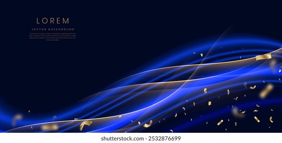 Abstract elegant blue wave and gold line with lighting effect sparkle on blue background. Luxury premium award design. Vector illustration