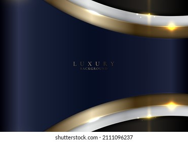 Abstract elegant blue, white, gold metallic curved shapes layer on black background. Luxury style. Vector illustration