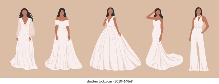 Abstract elegant brides. Modern bridal look full length view, women posing in wedding dress, contemporary art. Vector set