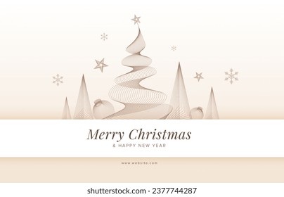 Abstract elegant bronze wave lines Christmas tree, with Christmas ornaments and sparkles in light background. Vector illustration of holiday greeting cards, poster, banner.